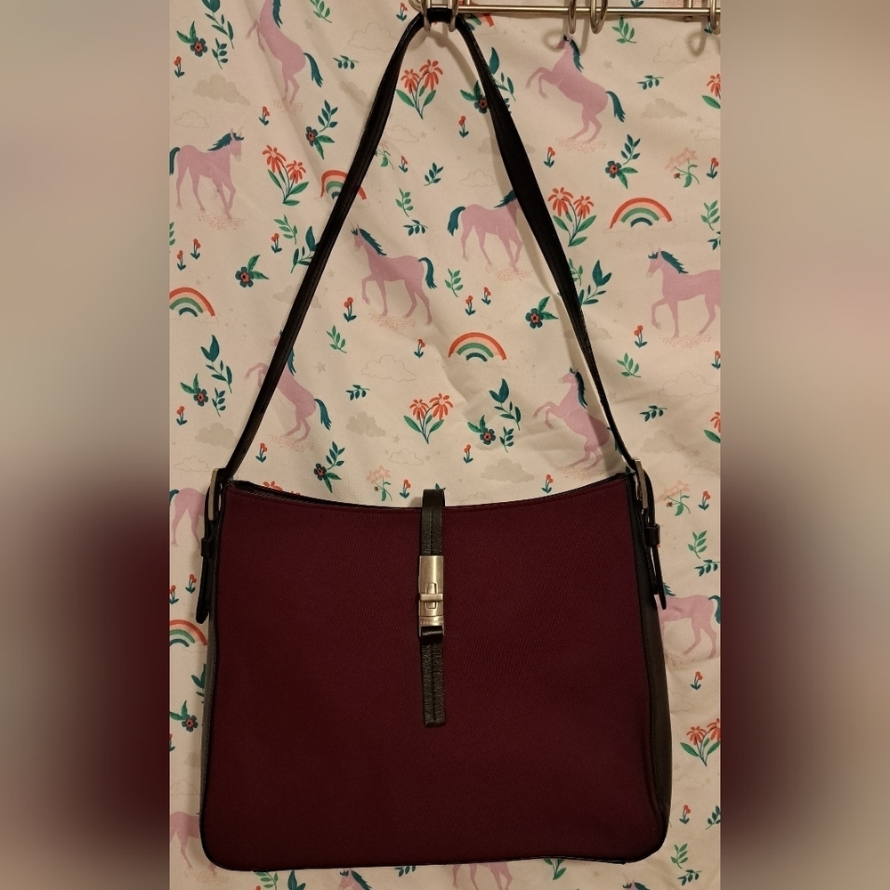 EUC Lamarthe Burgundy Cotton & Black Italian Leather Casual Shoulder Purse Bag